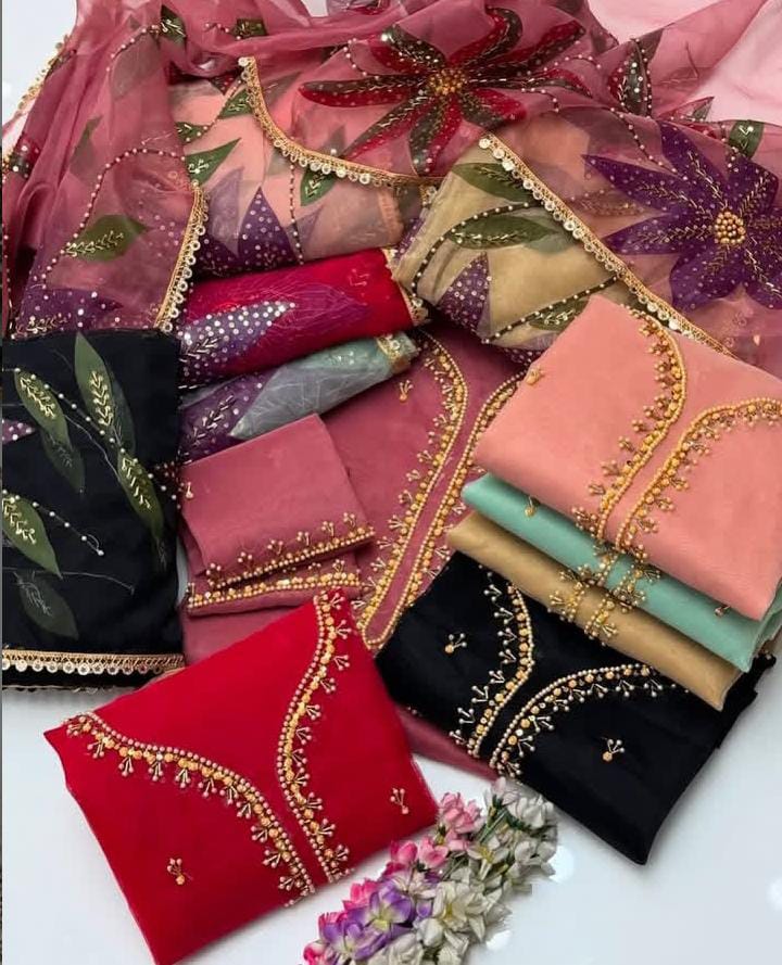 3PC Fancy Organza Dress β Handwork Beads, Stones & Zaari