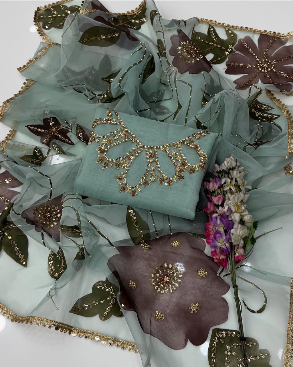 3-Piece Handwork Stone & Beads Organza Set with Zari Beads Dupatta