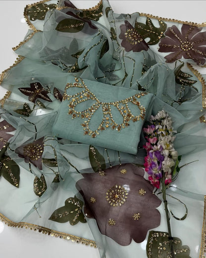3-Piece Handwork Stone & Beads Organza Set with Zari Beads Dupatta
