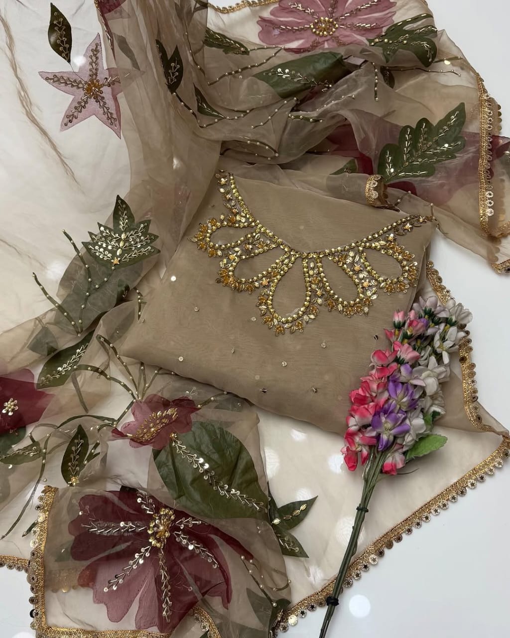 3-Piece Handwork Stone & Beads Organza Set with Zari Beads Dupatta