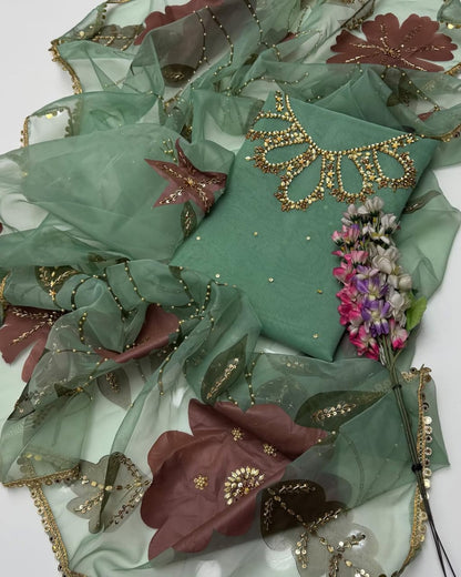 3-Piece Handwork Stone & Beads Organza Set with Zari Beads Dupatta