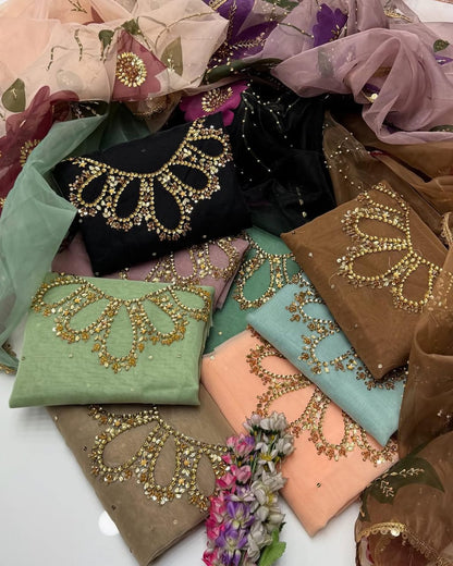 3-Piece Handwork Stone & Beads Organza Set with Zari Beads Dupatta