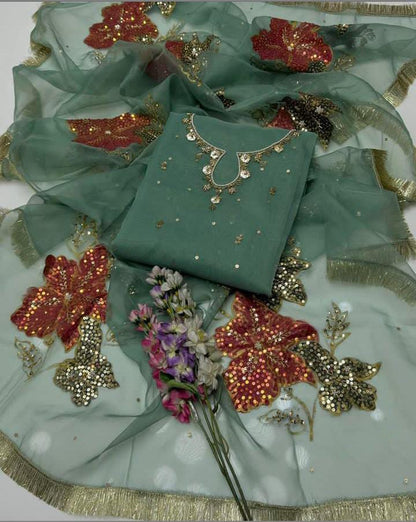 3-Piece Handwork Adda & Zari Sequence Organza Set with Heavy Fancy Dupatta