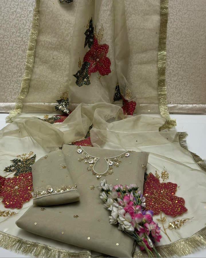 3-Piece Handwork Adda & Zari Sequence Organza Set with Heavy Fancy Dupatta
