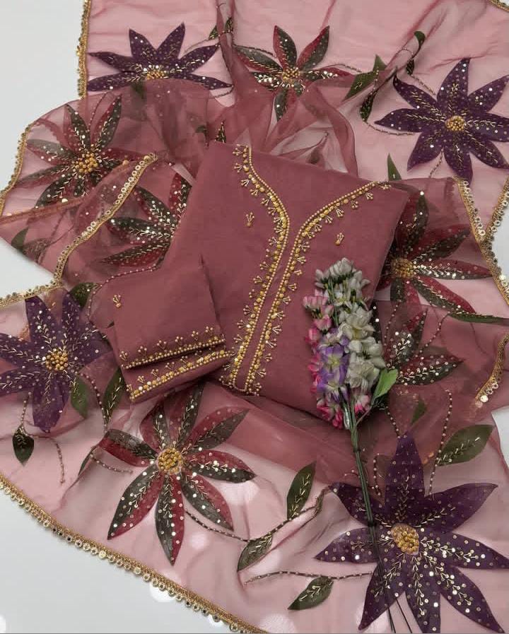 3PC Fancy Organza Dress – Handwork Beads, Stones & Zaari
