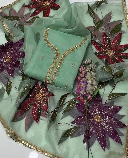 3PC Fancy Organza Dress – Handwork Beads, Stones & Zaari