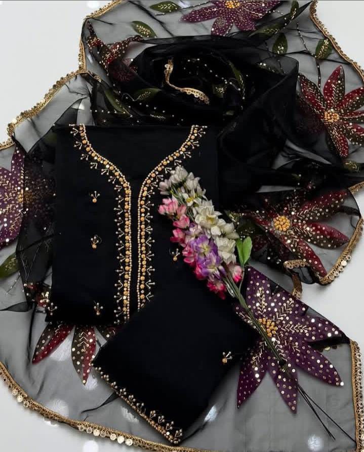 3PC Fancy Organza Dress – Handwork Beads, Stones & Zaari