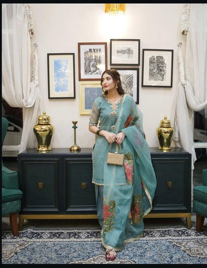 3-Piece Handwork Adda & Zari Sequence Organza Set with Heavy Fancy Dupatta