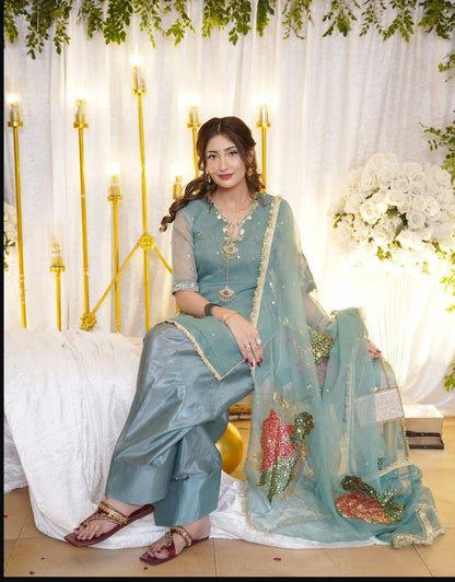 3-Piece Handwork Adda & Zari Sequence Organza Set with Heavy Fancy Dupatta
