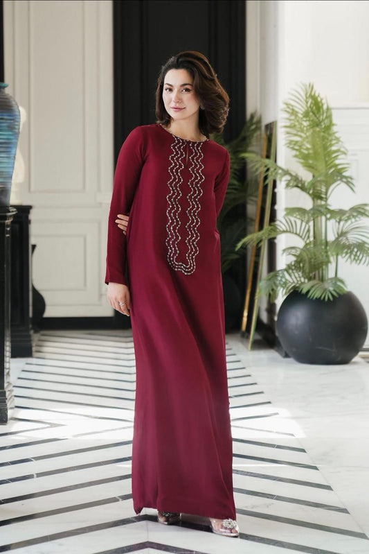 Hania Amir Inspired Shamoz Silk Dress 🌹 | Handmade Gala, Kundan Work Net Dupatta & Plain Trouser