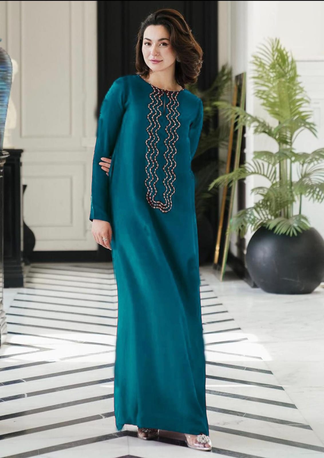 Hania Amir Inspired Shamoz Silk Dress 🌹 | Handmade Gala, Kundan Work Net Dupatta & Plain Trouser