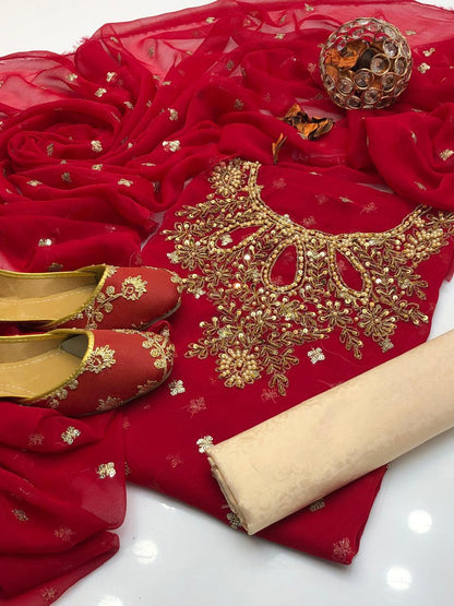 Handmade Shafon Boti Work Shirt & Dupatta with Masoori Trouser – Includes Khussa