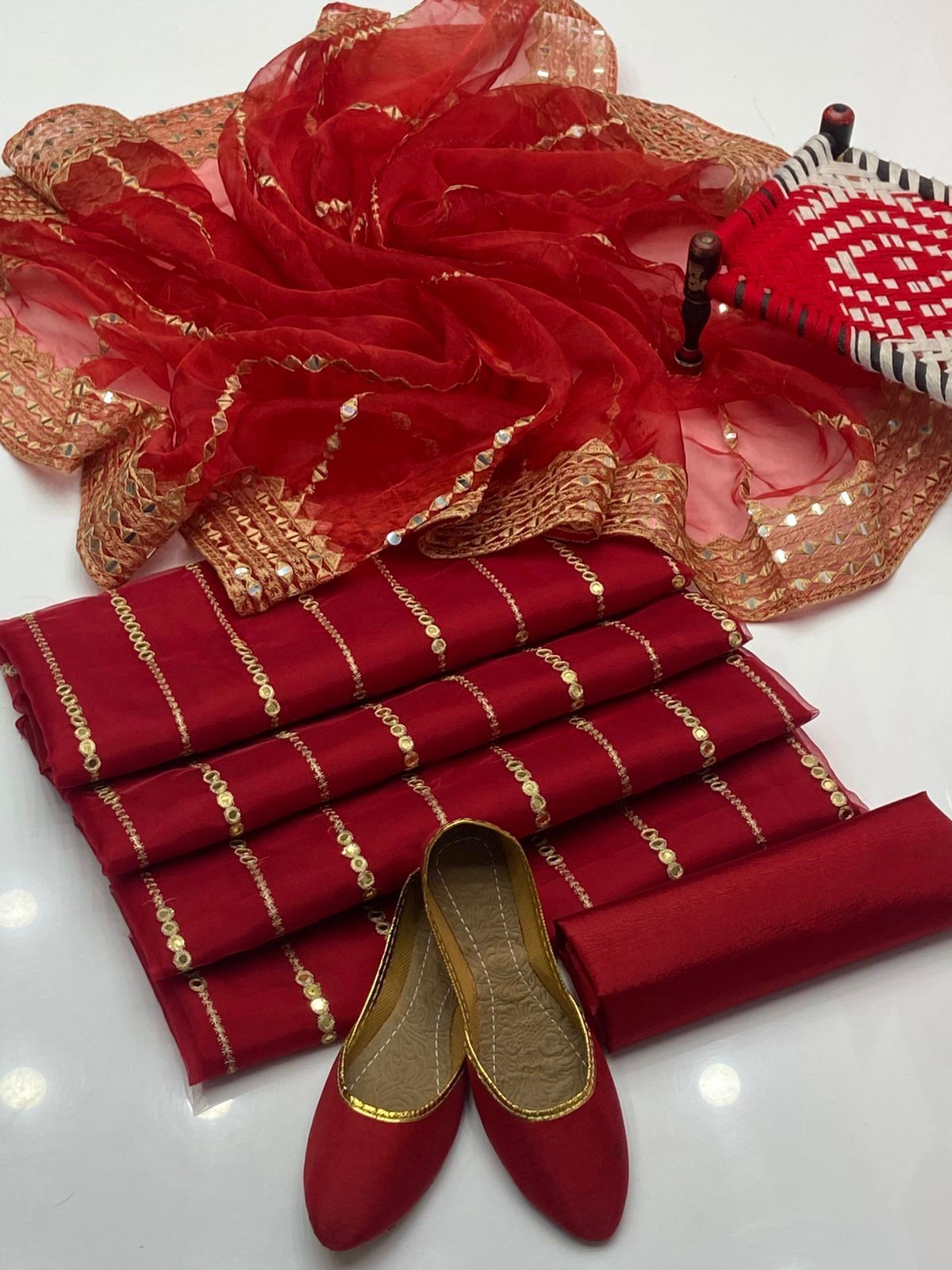 Luxury 4-Piece Organza Embroidered Dress – 9mm Sequin Shirt & Dupatta, Khatan Trouser with Khussa