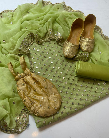 Fancy 5-Piece Crinkle Embroidered Suit – 9mm Sequin Work Shirt, Kataan Silk Shalwar, Shafon Cutwork Dupatta, Matching Khussa & Bag