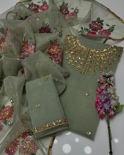 3PC Fancy Organza Dress – Handwork Beads, Stones & Zaari