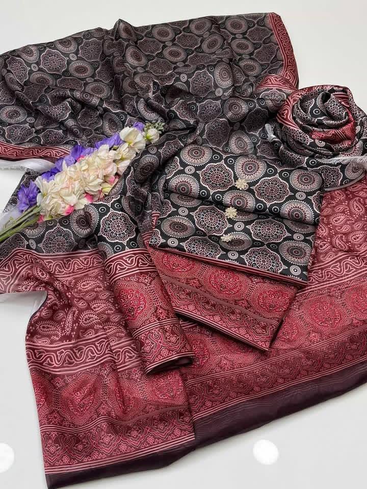 3-Pcs Soft Silk Dress-Printed Ajrak Collection