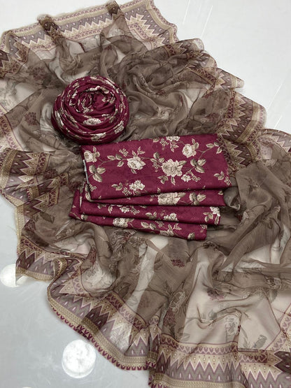 - Premium quality *SELF* swiss  jacquard lilen fabric digital printed shirt and Digital printed trouzer
- chiffon digital printed dupatta
3pc unstitched suit 👗