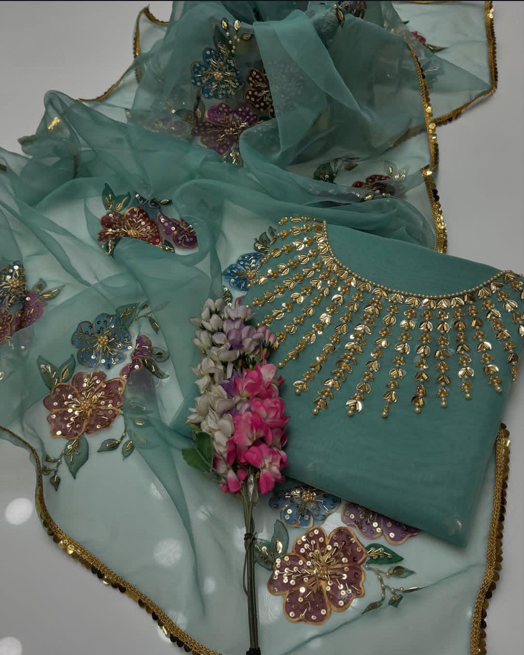 3PC Fancy Organza Dress – Handwork Beads, Stones & Zaari