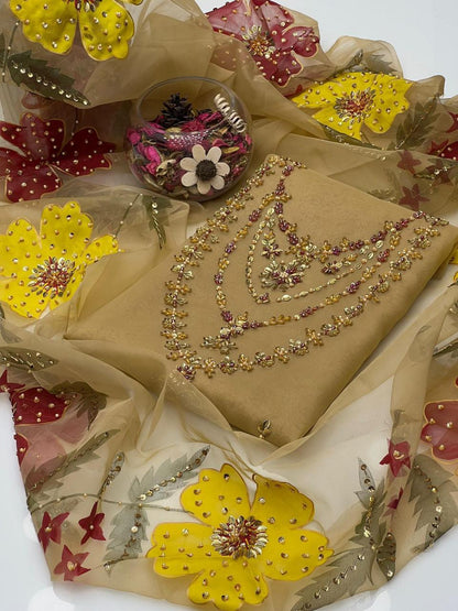 Elegant 3PC Organza Handwork Dress with Zari & Beads Detailing