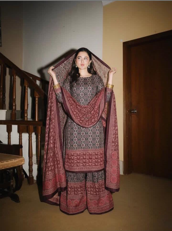 3-Pcs Soft Silk Dress-Printed Ajrak Collection