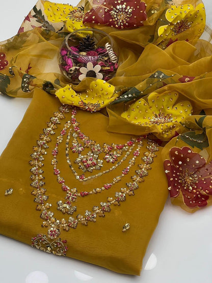 Elegant 3PC Organza Handwork Dress with Zari & Beads Detailing