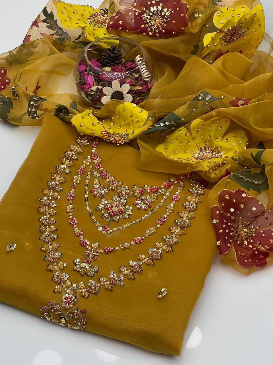 Elegant 3PC Organza Handwork Dress with Zari & Beads Detailing